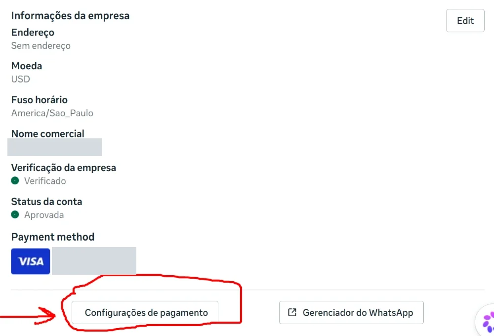 Resumo da conta do WhatsApp com a moeda USD e o botão Configurações de pagamento destacado em vermelho