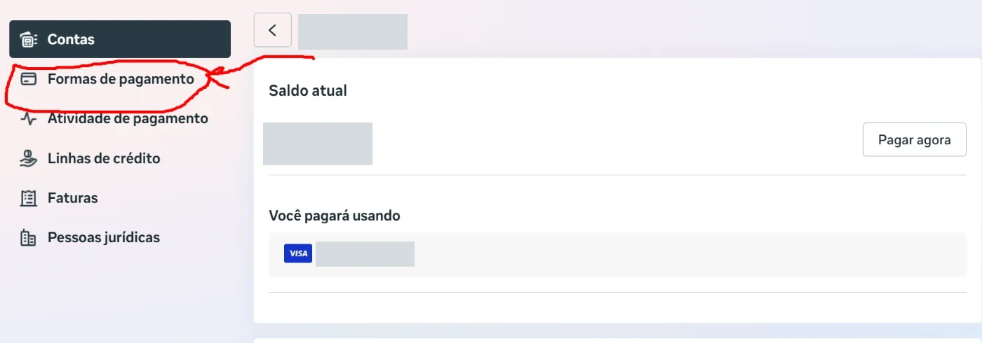Tela Cobrança e pagamentos com o item Formas de pagamento do menu lateral destacado em vermelho
