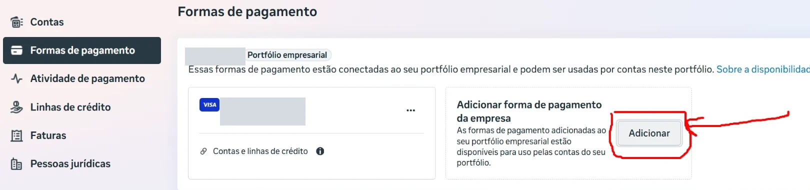 Tela Formas de pagamento com o botão Adicionar destacado em vermelho